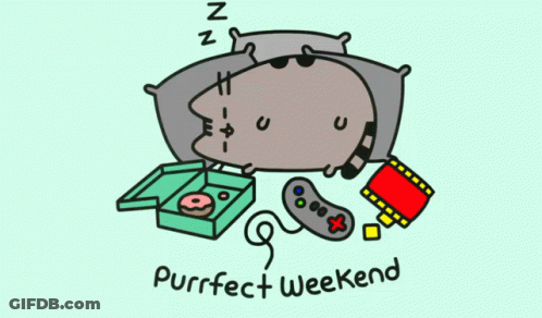 A Cartoon Of A Cat Sleeping With The Words Purrfect Weekend Below GIF