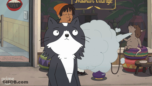A Cartoon Of A Cat Smoking A Hookah In Front Of A Store That Says Open GIF