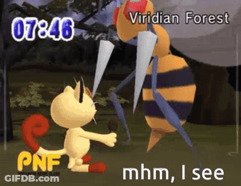A Cartoon Of A Cat Standing Next To A Bee With The Words Viridian Forest At The Top GIF