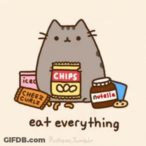 A Cartoon Of A Cat Surrounded By Food Including Chips And Nutella GIF