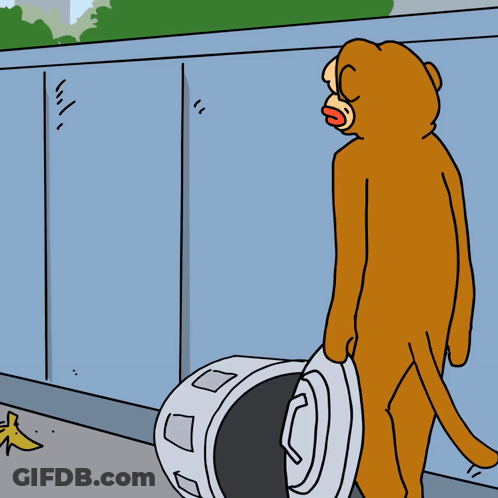 A Cartoon Of A Cat Throwing A Banana Peel Into A Trash Can GIF