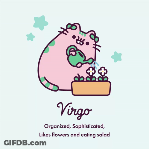 A Cartoon Of A Cat Watering Flowers With The Name Virgo Written Below It GIF