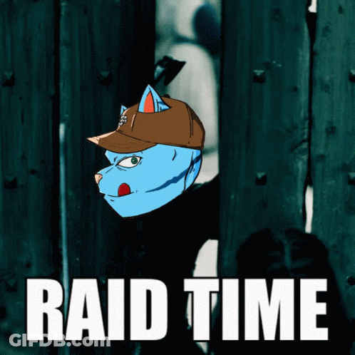 A Cartoon Of A Cat Wearing A Baseball Cap With The Words Raid Time Below It GIF