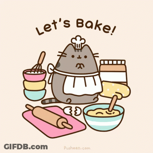 A Cartoon Of A Cat Wearing A Chef 'S Hat And Apron With The Words Let 'S Bake GIF