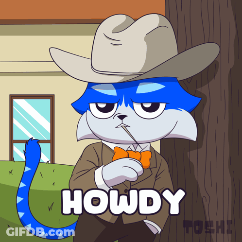 A Cartoon Of A Cat Wearing A Cowboy Hat And A Bow Tie Says Howdy GIF