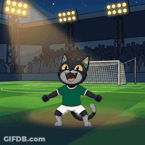 A Cartoon Of A Cat Wearing A Green Shirt And White Shorts Standing On A Soccer Field GIF