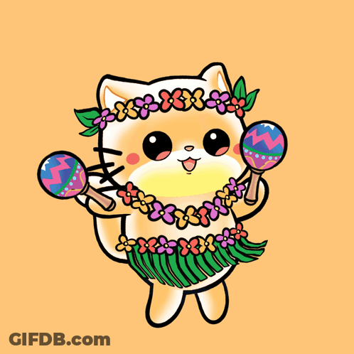 A Cartoon Of A Cat Wearing A Hawaiian Skirt And Holding Maracas GIF