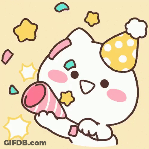 A Cartoon Of A Cat Wearing A Party Hat Holding A Confetti Cannon GIF