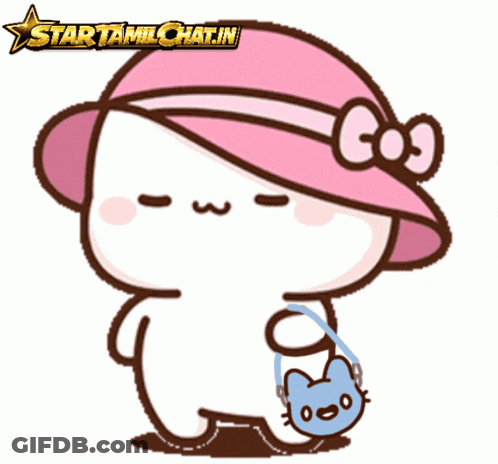 A Cartoon Of A Cat Wearing A Pink Hat And Holding A Blue Cat Purse GIF