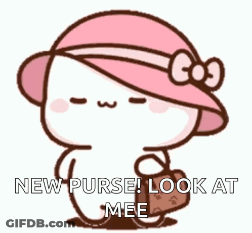 A Cartoon Of A Cat Wearing A Pink Hat And Holding A Purse . GIF