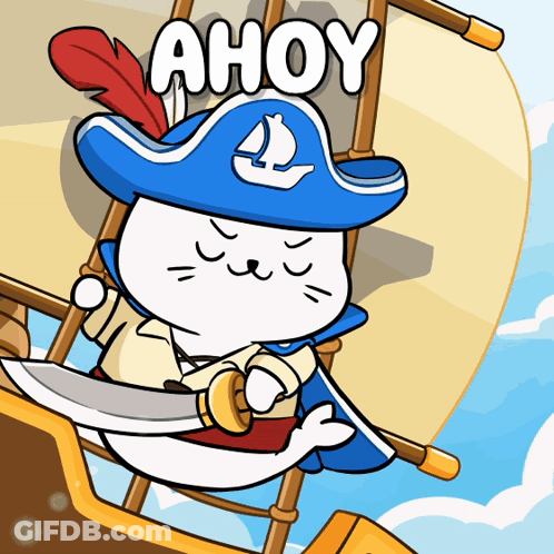 A Cartoon Of A Cat Wearing A Pirate Hat And Holding A Sword With The Word Ahoy Above Him GIF