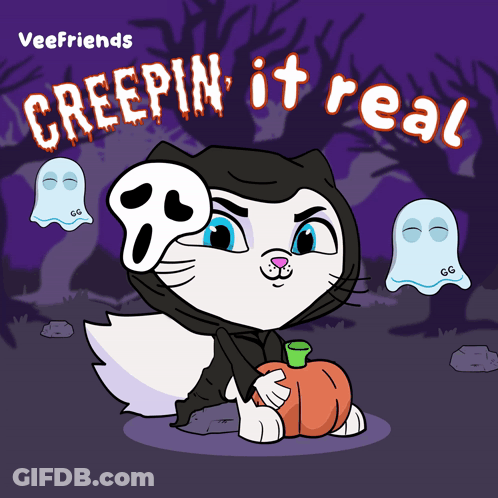 A Cartoon Of A Cat Wearing A Scream Mask And Holding A Pumpkin GIF