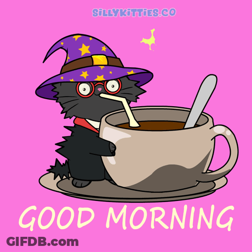 A Cartoon Of A Cat Wearing A Witch Hat Drinking From A Cup Of Coffee Says Good Morning GIF