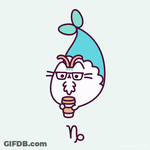 A Cartoon Of A Cat Wearing Glasses And A Blue Hat Holding A Cup Of Coffee With The Letter B Below It GIF
