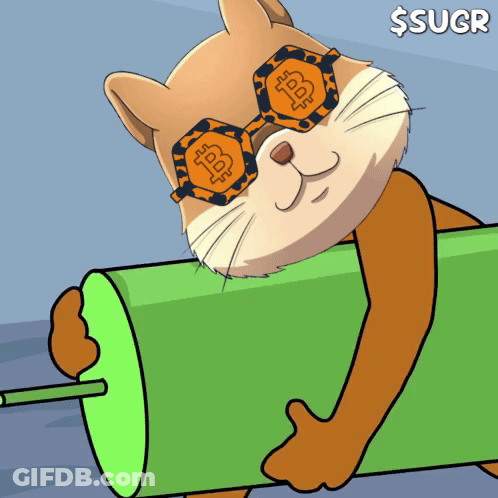 A Cartoon Of A Cat Wearing Sunglasses And Holding A Green Tube That Says $ Sugr GIF
