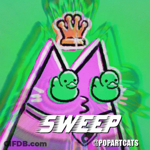 A Cartoon Of A Cat With A Crown On Its Head And The Word Sweep Below It . GIF