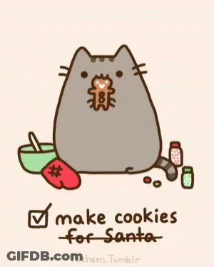 A Cartoon Of A Cat With A Gingerbread Man In Its Mouth That Says " Make Cookies For Santa " GIF