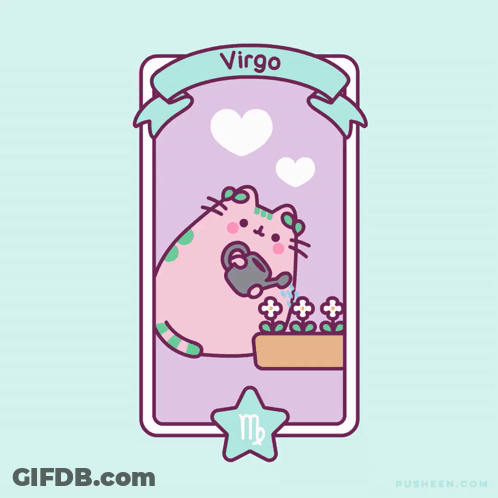 A Cartoon Of A Cat With A Watering Can And The Word Virgo Above It GIF