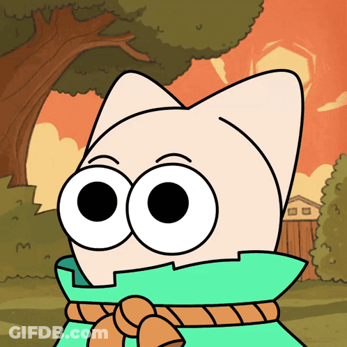 A Cartoon Of A Cat With Big Eyes And A Green Scarf Around His Neck GIF
