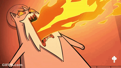 A Cartoon Of A Cat With Flames Coming Out Of It 'S Mouth GIF