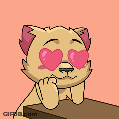 A Cartoon Of A Cat With Heart Shaped Eyes Sitting At A Table GIF