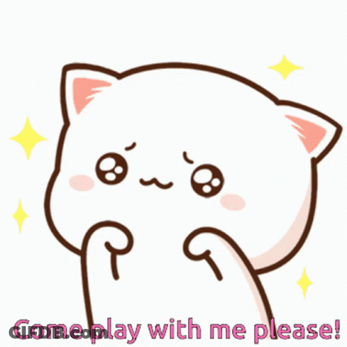 A Cartoon Of A Cat With The Words Come Play With Me Please Written Below It GIF