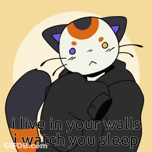 A Cartoon Of A Cat With The Words " I Live In Your Walls I Watch You Sleep " GIF