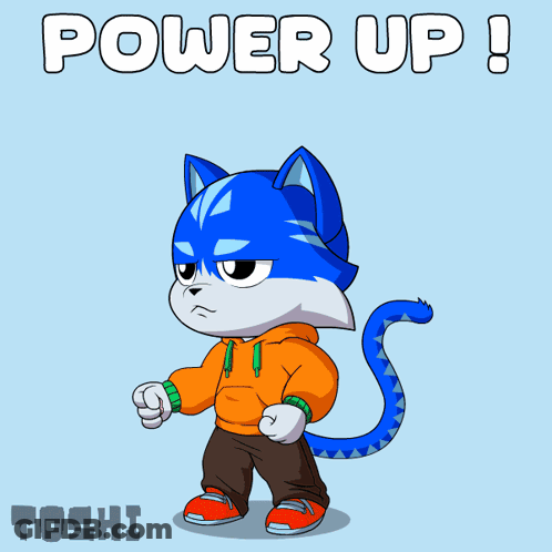 A Cartoon Of A Cat With The Words Power Up Written Above It GIF