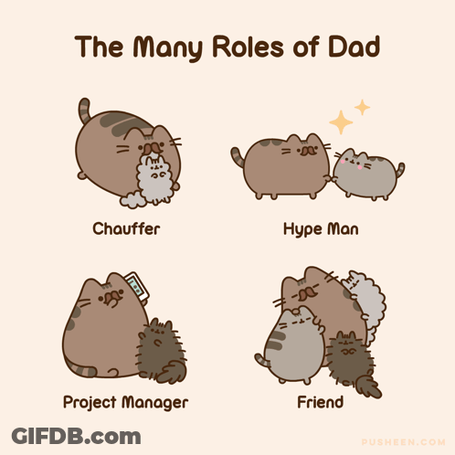 A Cartoon Of A Cat With The Words " The Many Roles Of Dad " Above It GIF