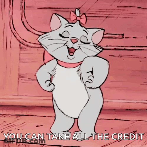 A Cartoon Of A Cat With The Words " You Can Take All The Credit " On The Bottom GIF