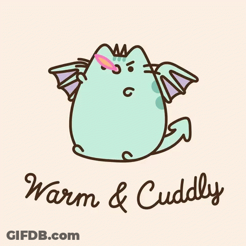 A Cartoon Of A Cat With Wings And The Words Warm And Cuddly Below It GIF