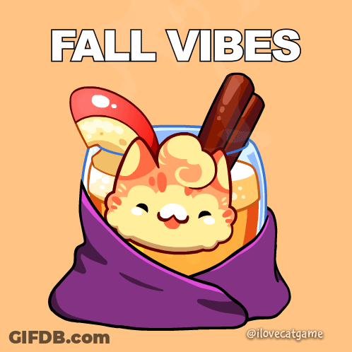 A Cartoon Of A Cat Wrapped In A Blanket With The Words Fall Vibes GIF
