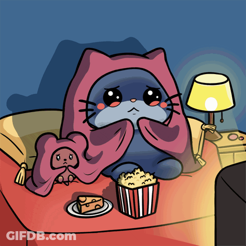 A Cartoon Of A Cat Wrapped In A Pink Blanket Eating Popcorn And Cheesecake GIF