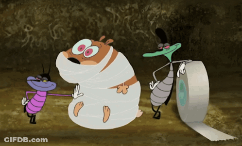 A Cartoon Of A Cat Wrapped In Bandages With A Bug Holding A Roll Of Tape GIF