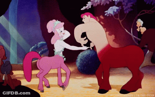 A Cartoon Of A Centaur Holding A Woman 'S Hand In A Forest GIF