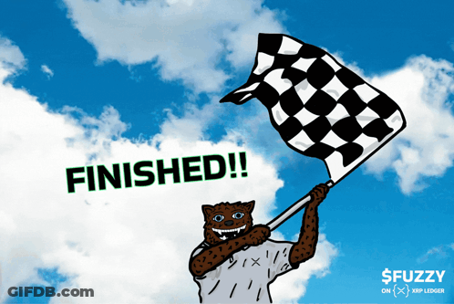 A Cartoon Of A Cheetah Holding A Checkered Flag With The Words Finished On The Bottom GIF