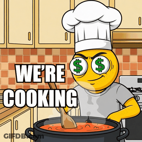 A Cartoon Of A Chef Stirring A Pot Of Food With The Words We 'Re Cooking Behind Him GIF