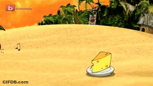 A Cartoon Of A Cherry And A Piece Of Cheese On A Plate With The B Comedy Logo In The Background GIF