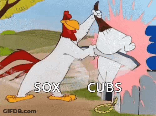 A Cartoon Of A Chicken And A Bear Fighting With The Words Sox Cubs Written On The Bottom GIF