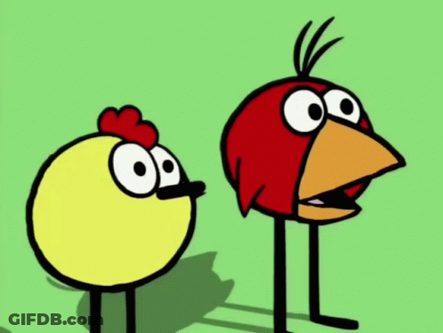 A Cartoon Of A Chicken And A Red Bird Standing Next To Each Other GIF