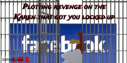 A Cartoon Of A Chicken Behind Bars With The Words Plotting Revenge On Karen That Got You Locked Up GIF