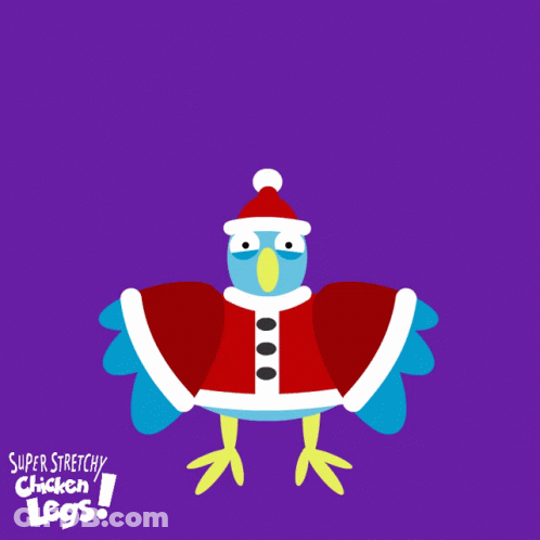 A Cartoon Of A Chicken Dressed As Santa Claus With Super Stretchy Chicken Legs Written Underneath It GIF