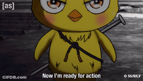A Cartoon Of A Chicken Holding A Nail With The Words Now I 'M Ready For Action Below It GIF