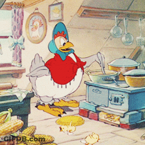 A Cartoon Of A Chicken In A Kitchen With A Stove GIF