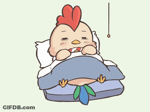 A Cartoon Of A Chicken Laying In A Bed With A Blue Blanket GIF