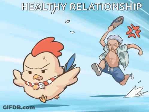 A Cartoon Of A Chicken Running Away From An Angry Man With The Words Healthy Relationship Below It GIF