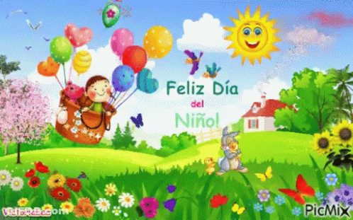 A Cartoon Of A Child Flying In A Hot Air Balloon With Balloons In A Field . GIF