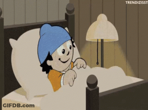 A Cartoon Of A Child Laying In Bed With A Blue Hat On His Head GIF