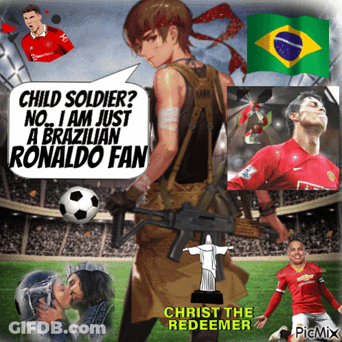 A Cartoon Of A Child Soldier Holding A Gun And A Soccer Ball With The Caption " Child Soldier " GIF