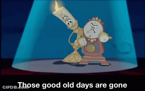 A Cartoon Of A Clock And A Candle With The Words " Those Good Old Days Are Gone " Below It GIF